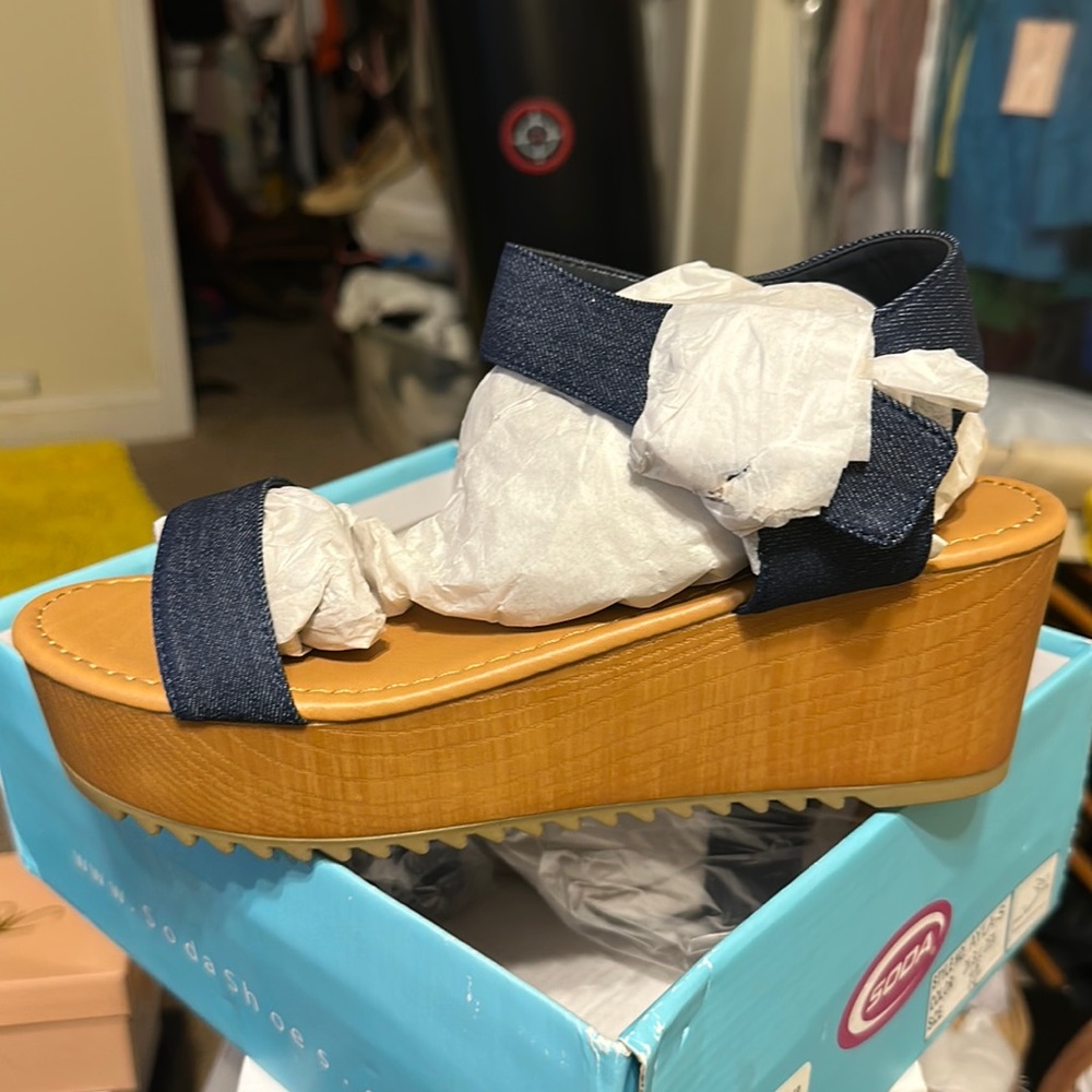 Astro Denim Soda women wedges sandals thick support ankle straps short wedge.